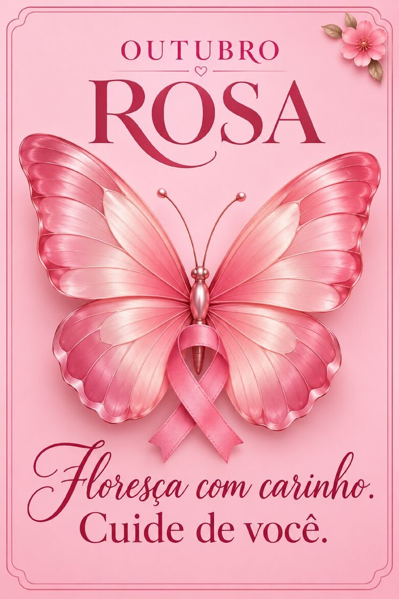Cartão Outubro Rosa com borboleta de asas rosas e laço de conscientização abaixo do corpo